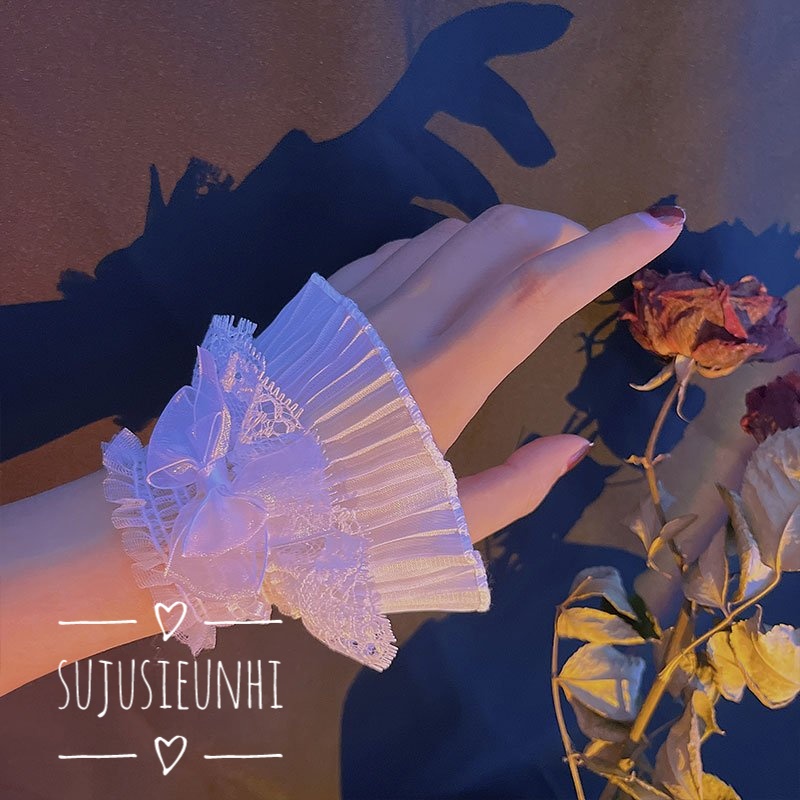 (2 mẫu, 2 màu) bộ 2 chiếc vòng đeo tay ren voan dáng xòe may xếp tầng phong cách lolita