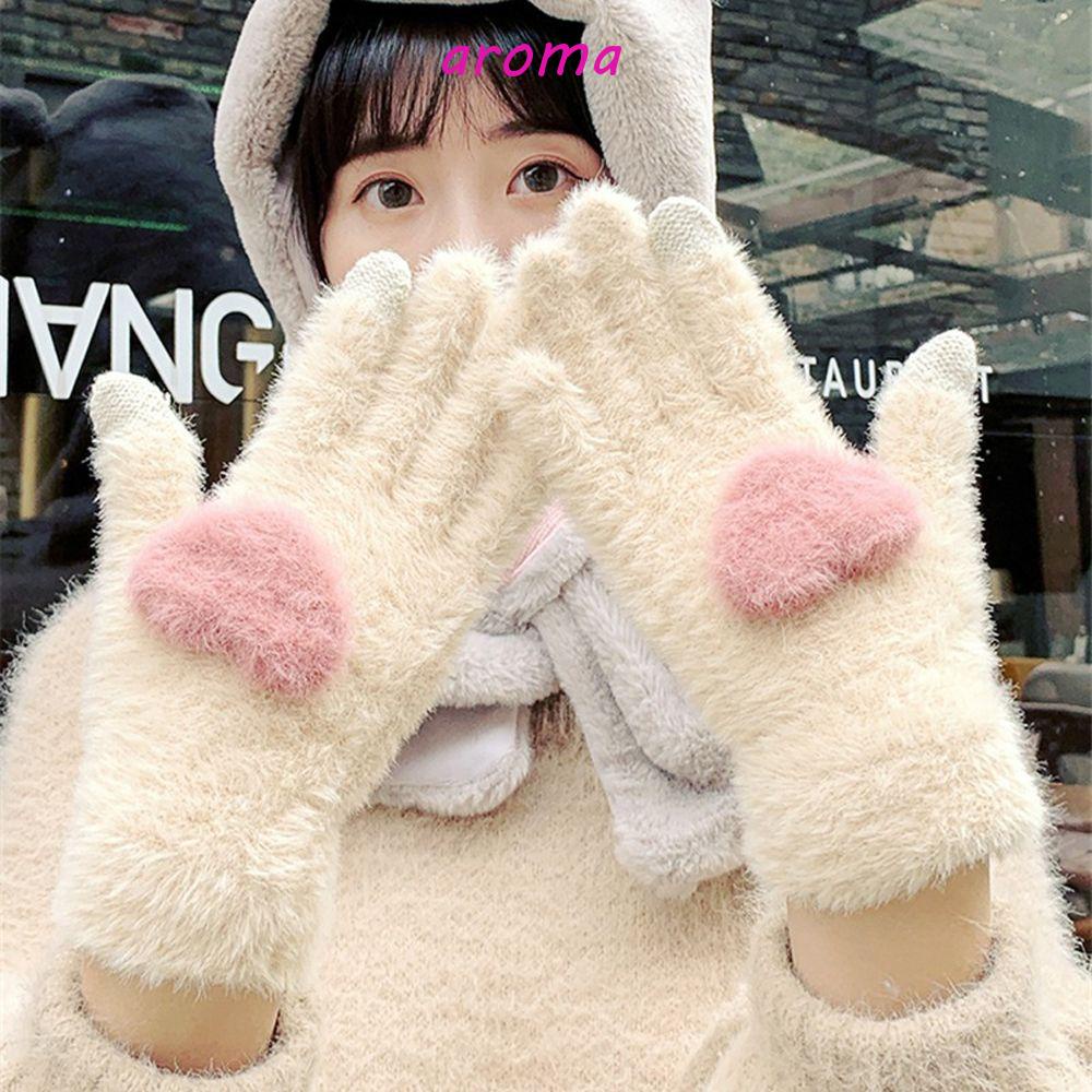 AROMA Găng Tay Giữ Ấm Mùa Đông Màu Trơn Họa Tiết Trái Tim Dành Cho Nữ