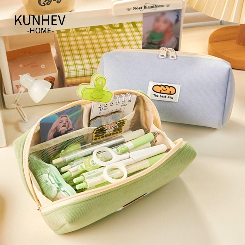 KUNHEV Túi Đựng Bút Bằng Nhung Kẻ Dành Cho Học Sinh Ốp