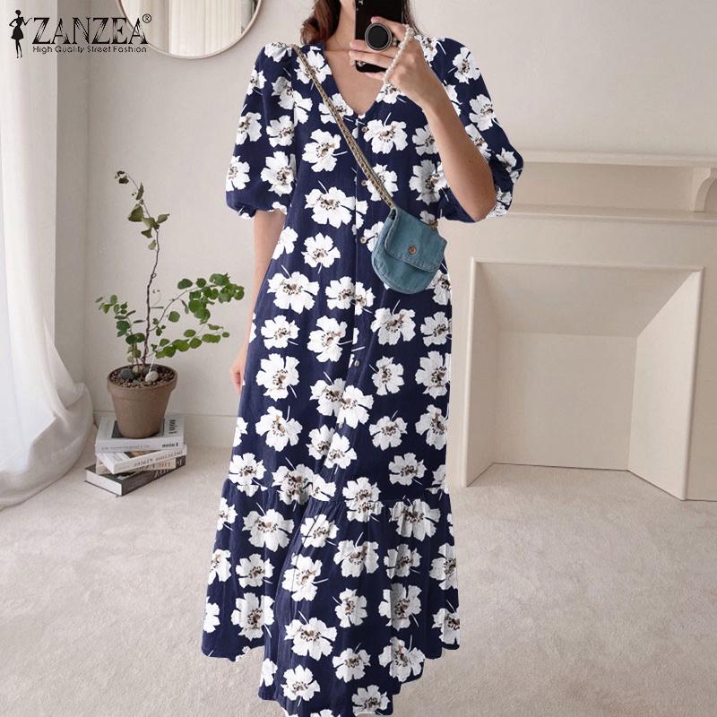 ZANZEA Đầm Tay Phồng Cổ Chữ V In Họa Tiết Hoa Phong Cách Hàn Quốc Thời Trang Cho Nữ