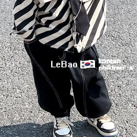 Bộ Áo Sơ Mi Kẻ Sọc Trắng Đen + Quần Dài Phong Cách Đường Phố Thời Trang Mùa Xuân Cho Bé Trai