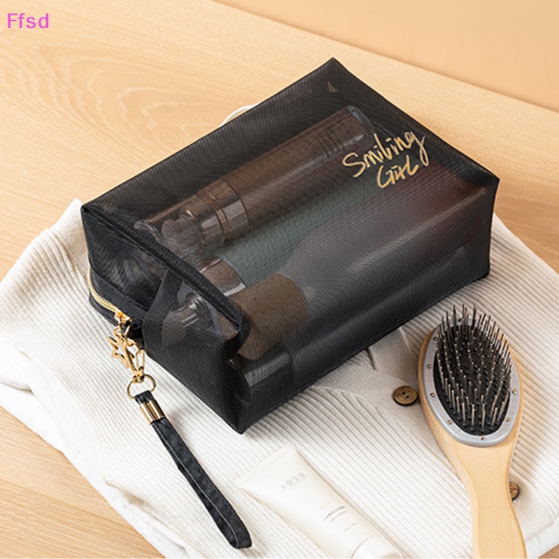 {Ffsd} Túi Lưới Đựng Mỹ Phẩm Trang Điểm Màu Đen Và Trái Tim Nhỏ Gọn Có Khóa Kéo * Bán Chạy