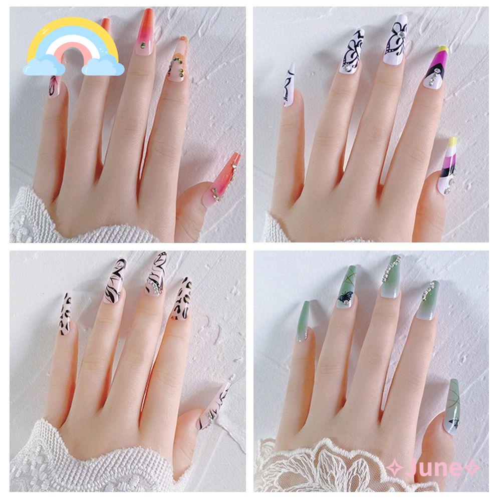 JUNE Set 24 Móng Tay Giả Che Phủ Toàn Diện Họa Tiết Bươm Bướm
