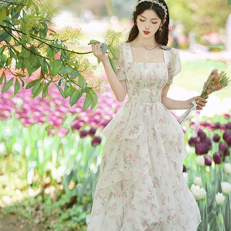 Đầm Voan Trắng In Hoa Thời Trang Mùa Hè Pháp Mới