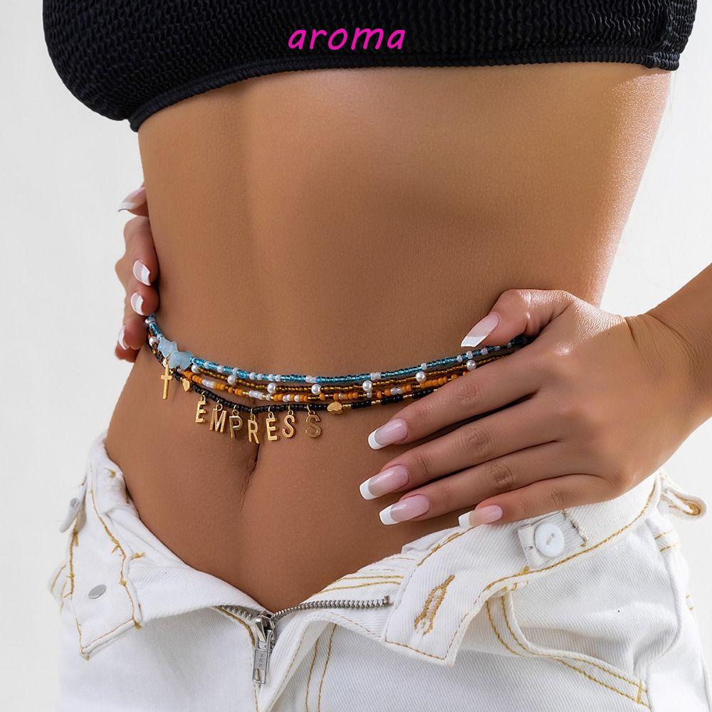 AROMA Dây Xích Đeo Thắt Lưng Đính Hạt Vỏ Sò Nhiều Màu Bằng Kim Loại Phong Cách Bohemian Cho Y2K