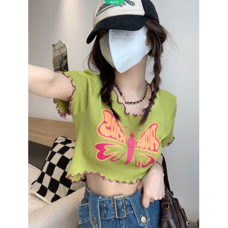 Áo Thun Crop Top Tay Ngắn In Hình Bướm Phong Cách Retro Thời Trang Mùa Hè Hàng Mới 2023