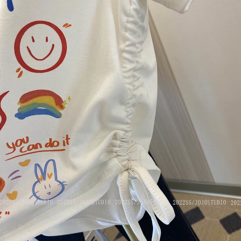 Áo Thun Tay Ngắn Phối Dây Rút In Họa Tiết Hoạt Hình Vui Nhộn Thời Trang Mùa Hè 2023 Cho Bé Gái