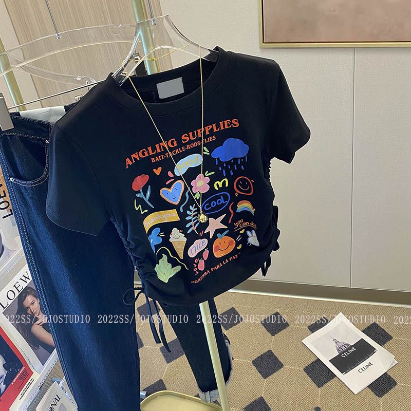 Áo Thun Tay Ngắn Phối Dây Rút In Họa Tiết Hoạt Hình Vui Nhộn Thời Trang Mùa Hè 2023 Cho Bé Gái