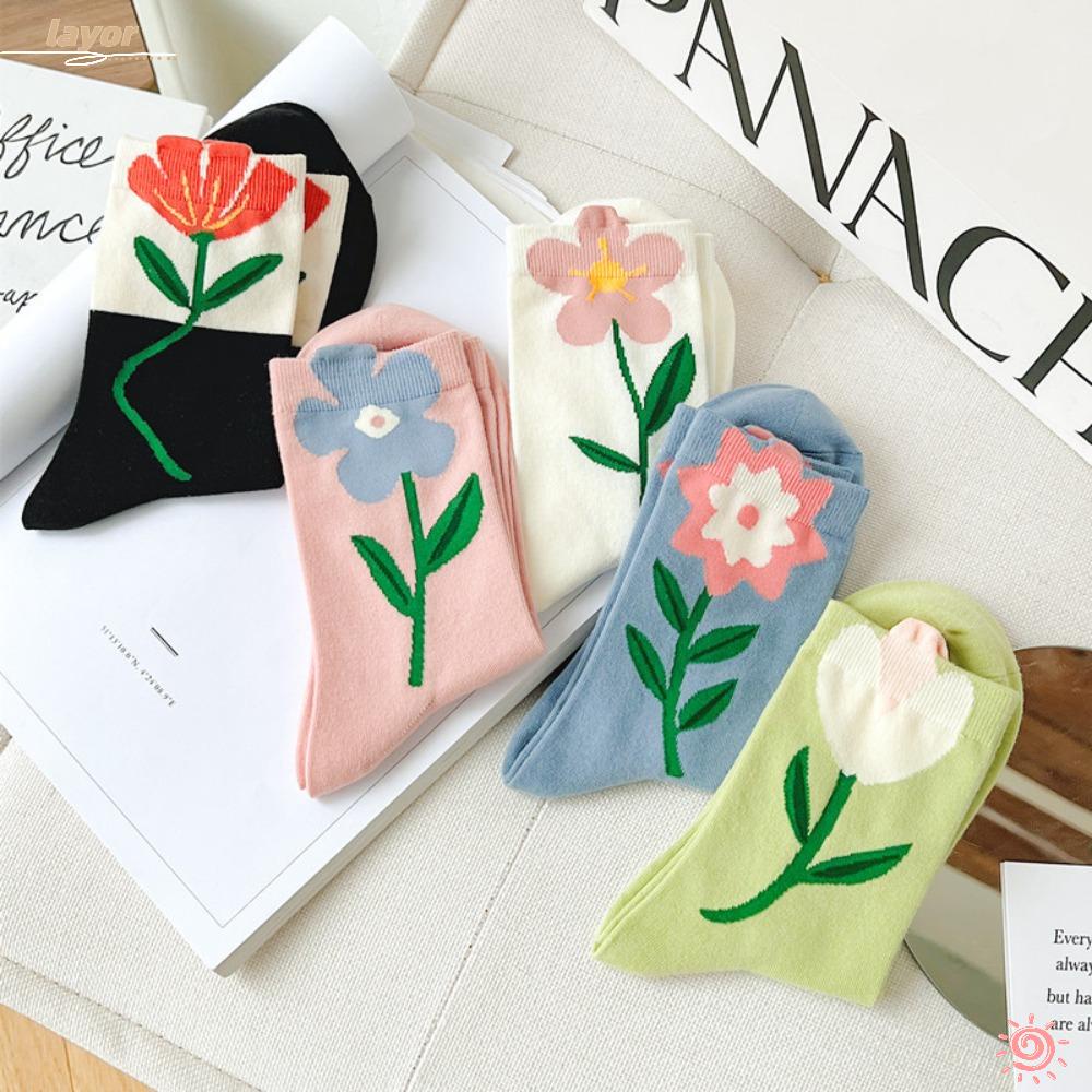 LAY Set 2 Đôi Vớ Cổ Vừa Thoáng Khí In Họa Tiết Hoa Hoạt Hình Màu Kẹo Ngọt Thời Trang Cho Nữ