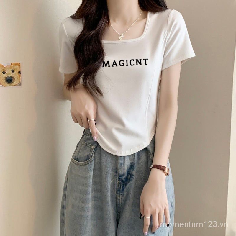 Áo Thun Cotton Mỏng Cổ Vuông Viền Cong Tay Ngắn Thời Trang Mùa Hè 2023 Cho Nữ