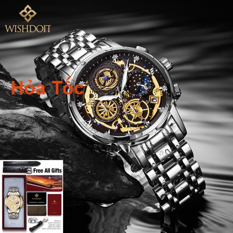 WISHDOIT Đồng Hồ Quartz Ba Mắt Đa Năng Dây Thép Không Gỉ Thời Trang Thể Thao Cho Nam