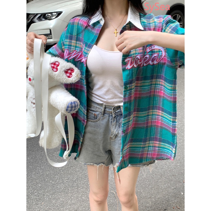 Áo Sơ Mi Ngắn Tay Dáng Rộng Hoa Văn Kẻ Ô Phong Cách Retro Dành Cho Nữ