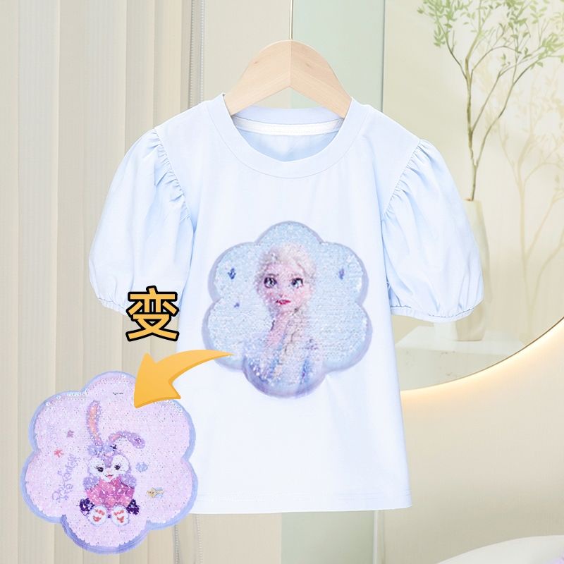 SANRIO Áo Thun Cotton Tay Phồng Đính Kim Sa Hình Kuromi Cinnamoroll Dễ Thương Thời Trang Mùa Hè Cho Bé Gái 100-150cm
