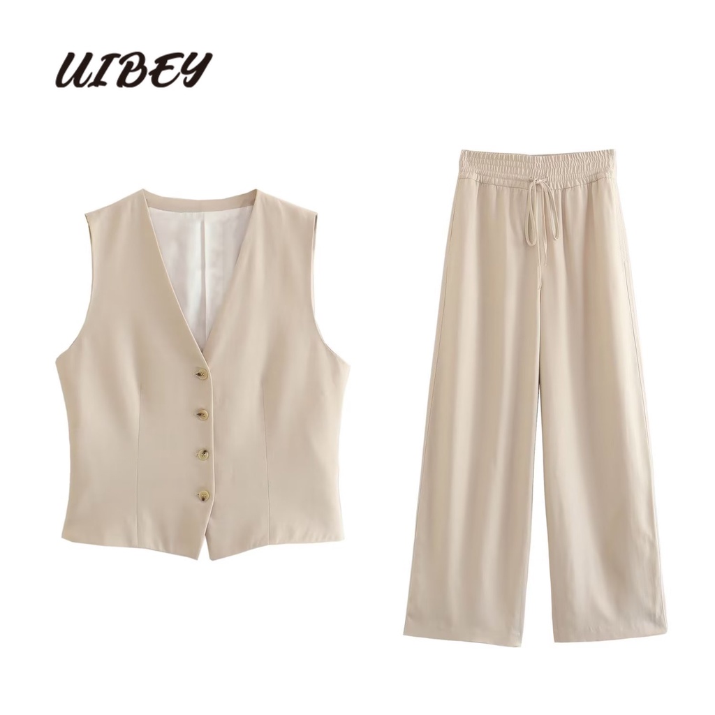 Uibey Set Áo Không Tay Cổ Chữ V + Quần Ống Rộng Lưng Cao Thời Trang 7701