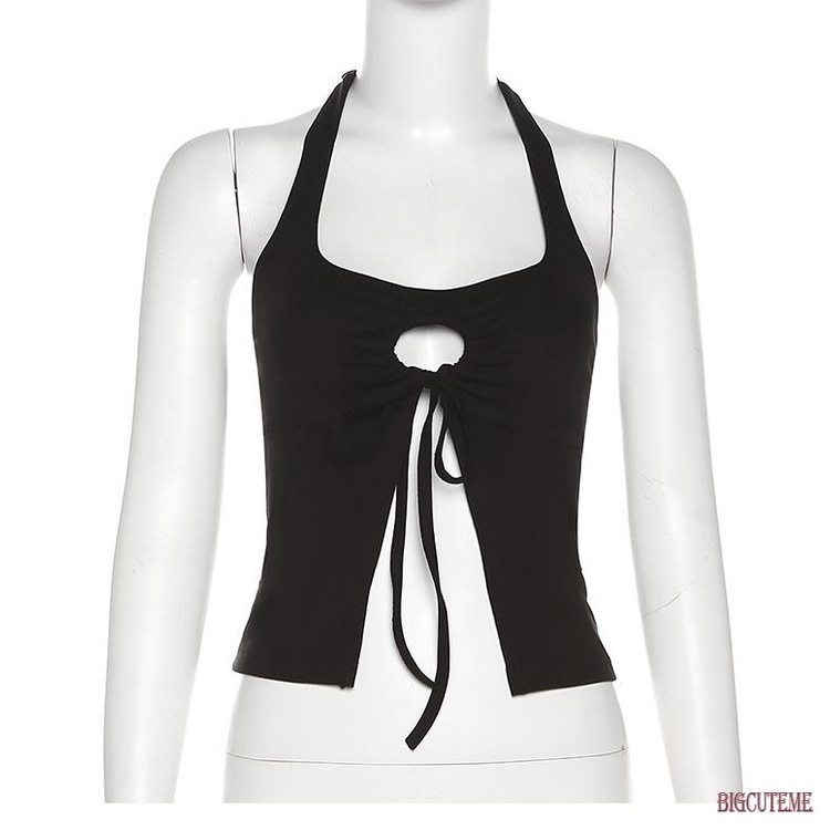 Áo Croptop Sát Nách Dây Rút Hở Lưng Màu Đen Trơn Thời Trang Mùa Hè Cho Nữ