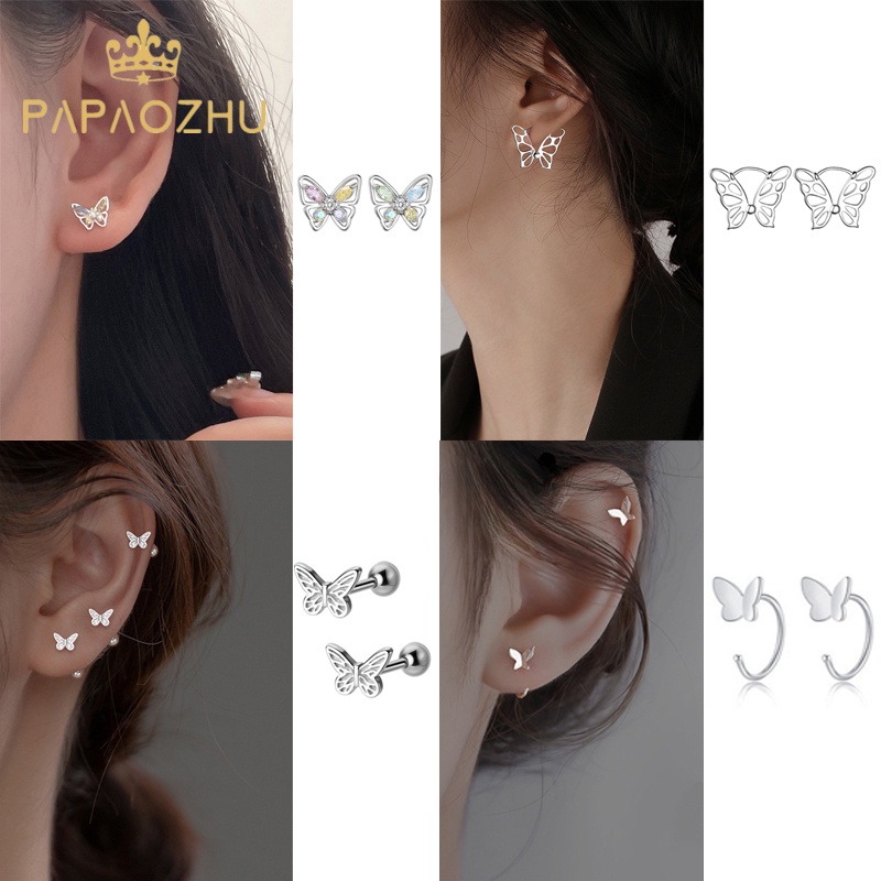 Bông Tai Bạc s925 Hình Bướm Đính Đá Zircon Dễ Thương Dành Cho Nữ