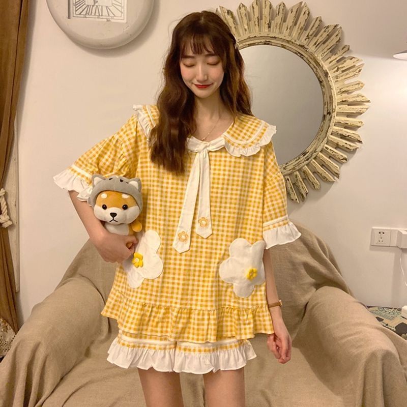 Bộ Đồ Ngủ Cổ Búp Bê Dễ Thương Thời Trang Mùa Hè Cho Bạn Gái