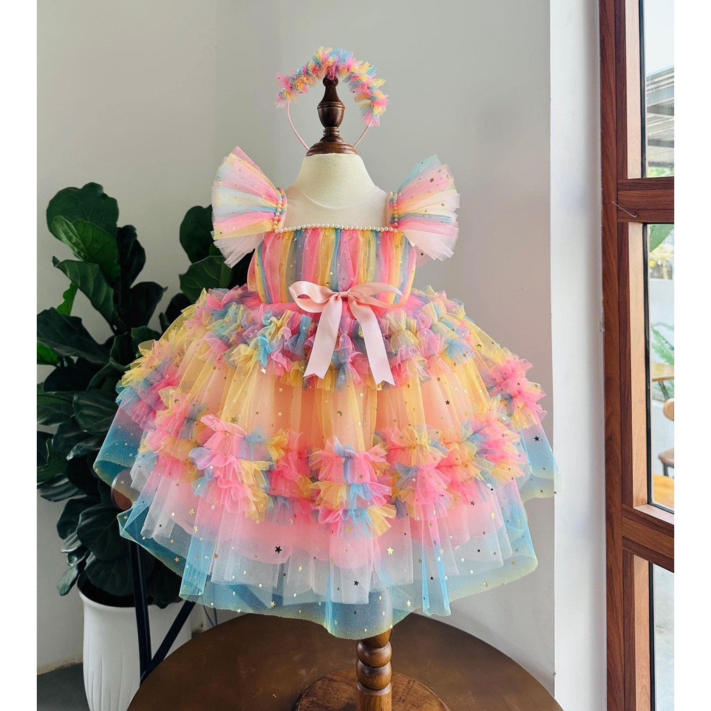 ĐẦM CÔNG CHÚA CẦU VÒNG CÁNH TIÊM TẶNG KÈM CÀI NGỌC CHO BÉ