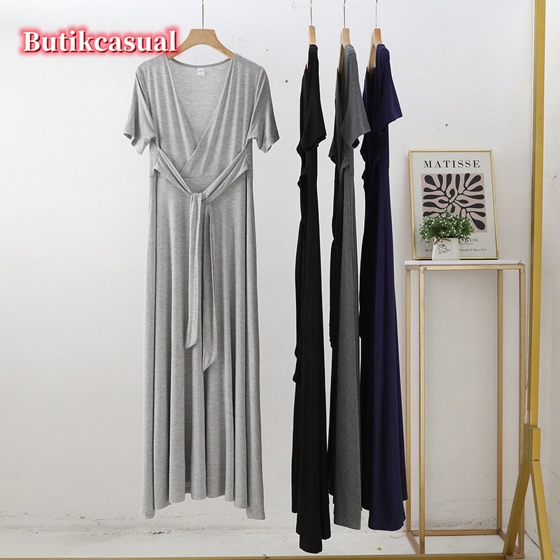 Đầm Cotton Trơn Mùa Hè 2023 Dáng Suông Tay Cộc Cổ Chữ V Thoải Mái Cho Nữ