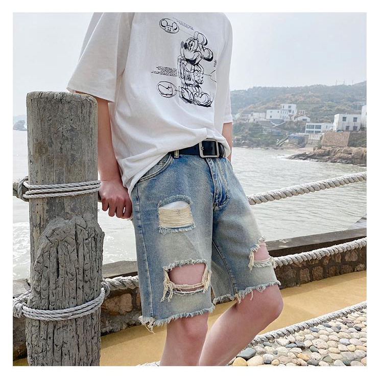 Quần Short Denim Phối Rách Thời Trang Đường Phố Mùa Hè Cho Nam