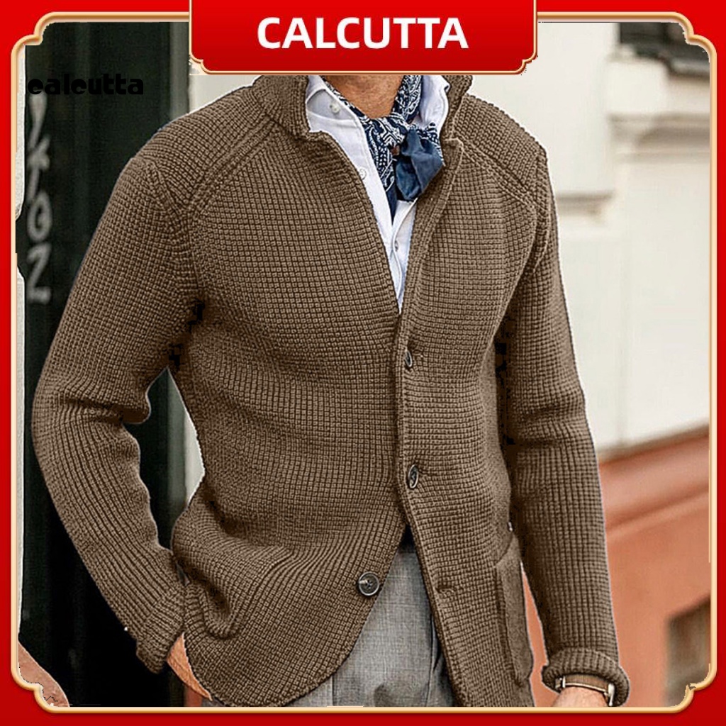 [calcutta] Áo Khoác Sweater Dệt Kim Dày Dặn Tay Dài Cổ Đứng Cài Nút Màu Trơn Thời Trang Thu Đông Cho Nam