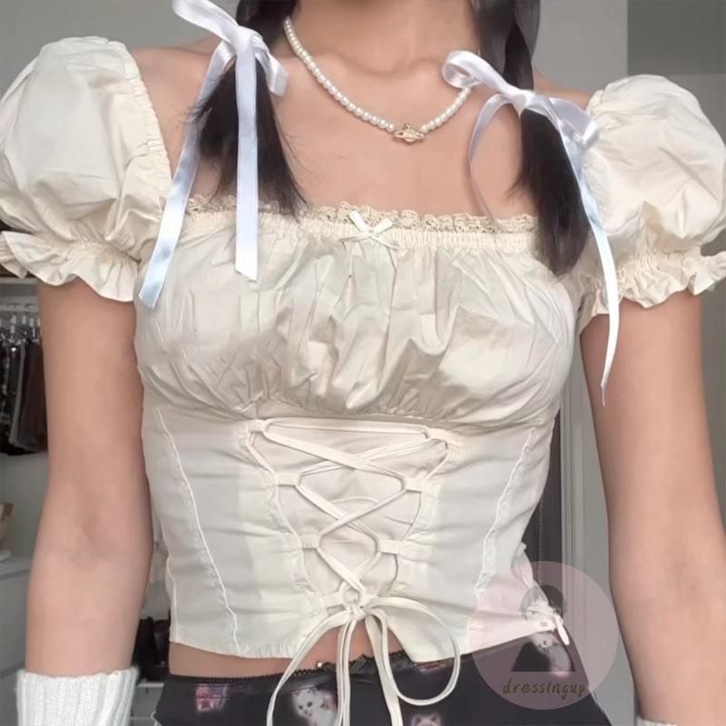 Áo Thun Ngắn Tay Cổ Vuông Thắt Dây Chéo Màu Sắc Đơn Giản Dành Cho Nữ