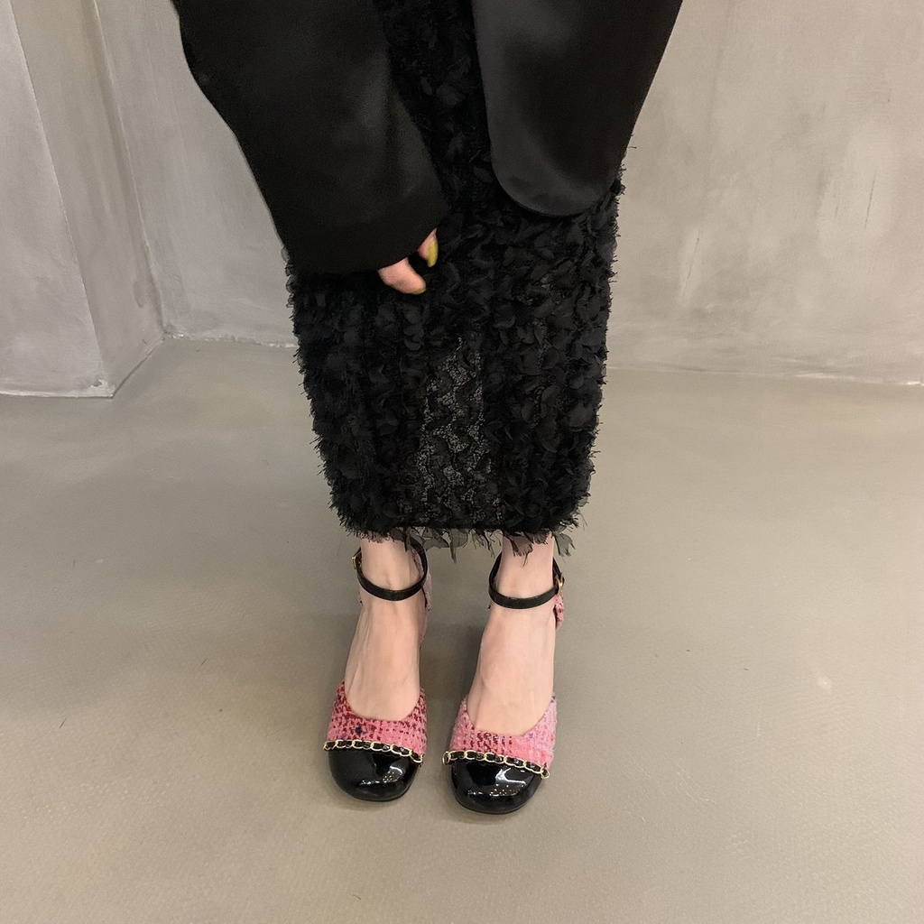 Giày Sandal Cao Gót Vải Len Đế Thô Cài Khóa Thời Trang 2023 Dành Cho Nữ