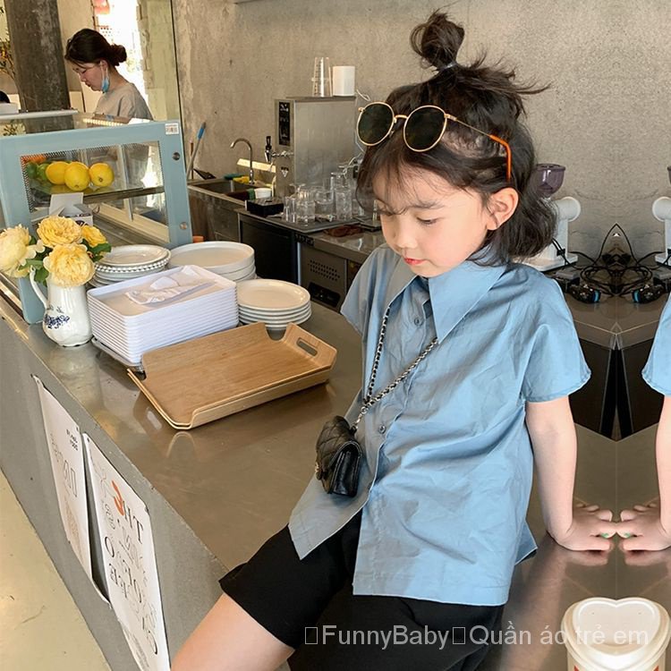 Bộ Áo Sơ Mi Xanh Dương / Đen Xẻ Tà + Quần Đùi Phong Cách Hàn Quốc Thời Trang Mùa Hè 2023 Cho Bé