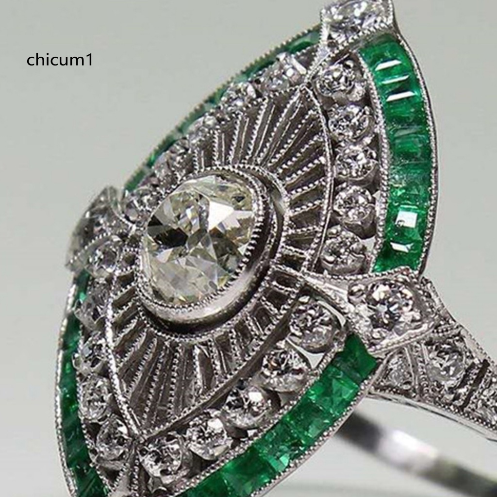 Nhẫn Đính Hôn Mạ Điện Hai Tông Đính Đá Ngọc Lục Bảo Tự Nhiên Sáng Bóng Dành Cho Nữ