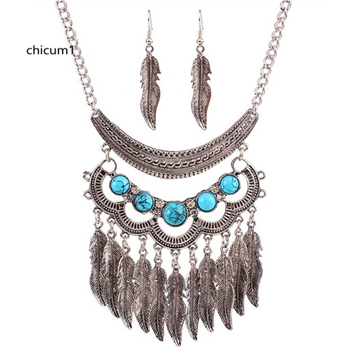 Bộ Vòng cổ + Bông Tai Kiểu Móc Hình Lá Cổ Điển Cho Nữ