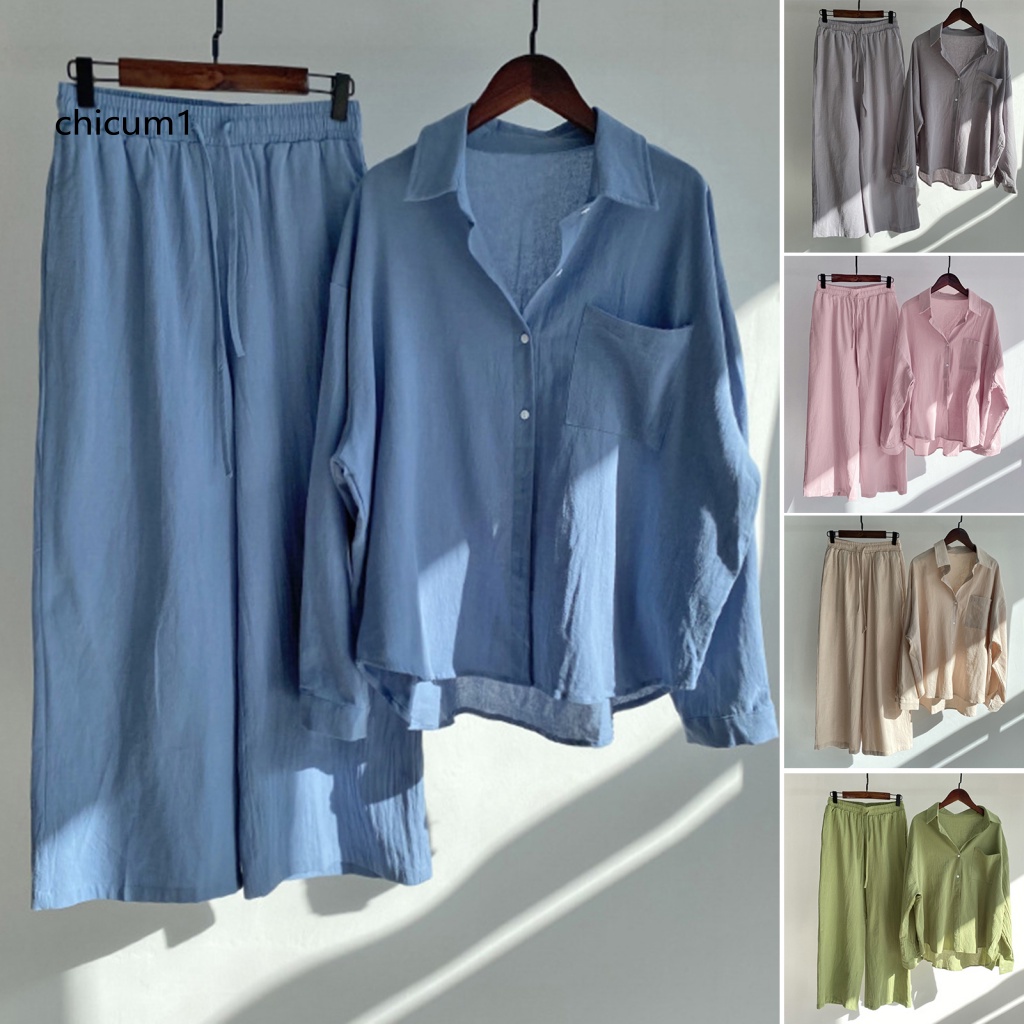 Bộ 2 Món Áo Thun + Quần ống rộng Lưng Thun Một Hàng Nút Màu Sắc Đơn Giản Cho Nữ