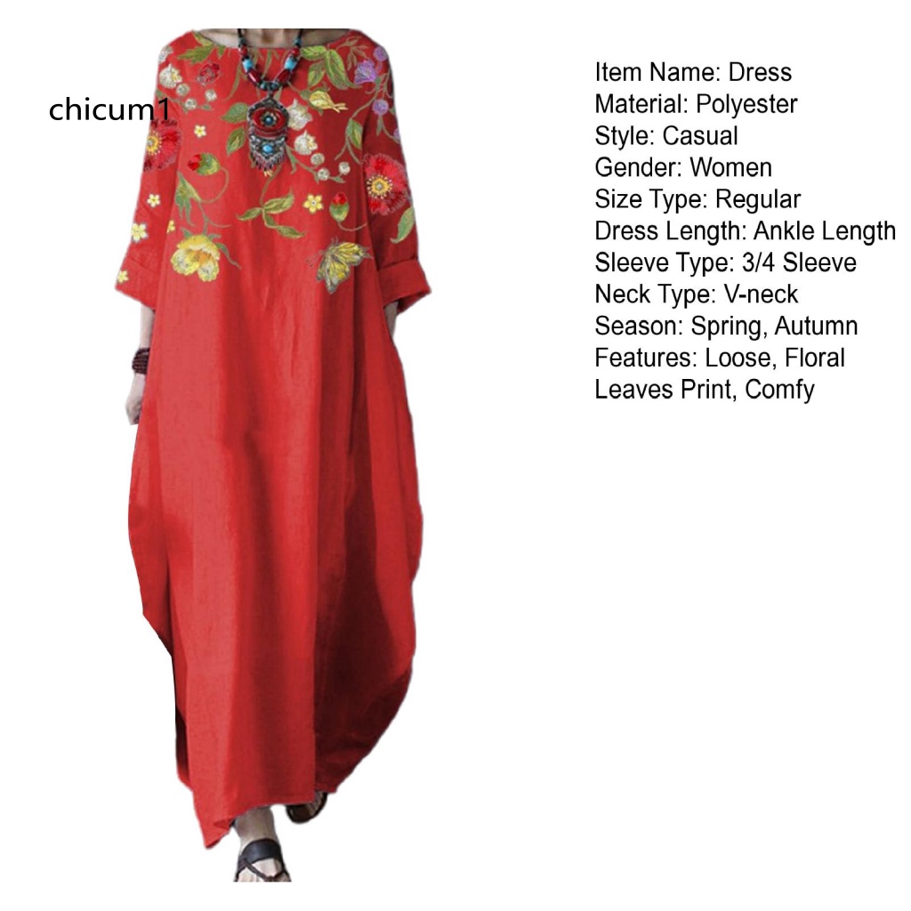 Đầm Maxi Cổ Tròn Tay 3 / 4 In Họa Tiết Hoa Lá Thời Trang Xuân Thu Xinh Xắn Cho Nữ