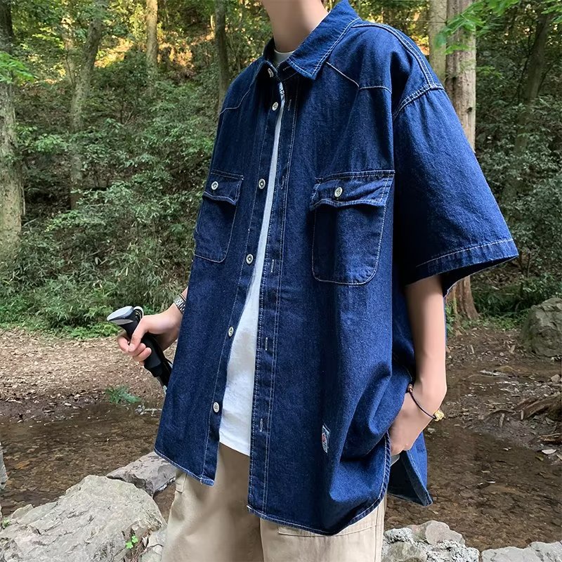 Áo Sơ Mi Denim Tay Ngắn Dáng Rộng Giả Nhiều Lớp Phong Cách Retro Nhật Bản Cho Nam Và Nữ