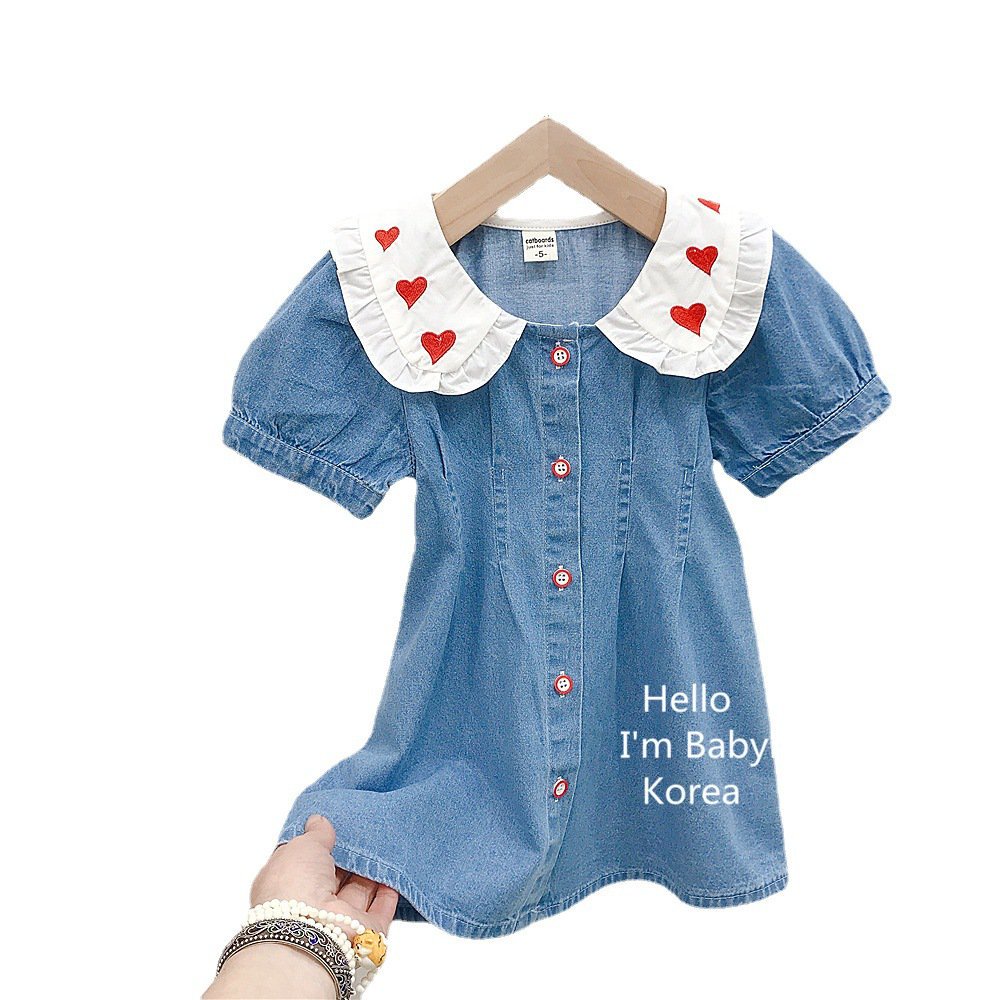 Đầm Công Chúa Cổ Búp Bê Chất Liệu Cotton Denim Thêu Họa Tiết Phong Cách Phương Tây Thời Trang Mùa Hè Mới Cho Bé Gái 2022