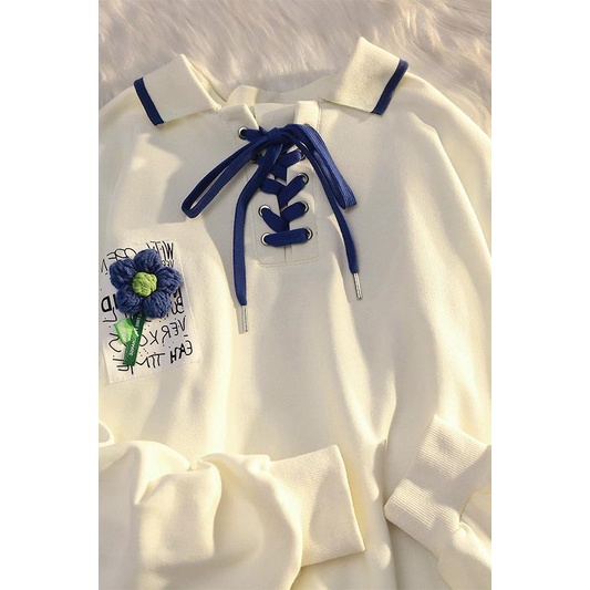 Áo hoodie Cổ Lọ Tay Dài Dáng Rộng Phối Ren Hoa Thời Trang Mùa Thu Cho Bạn Gái