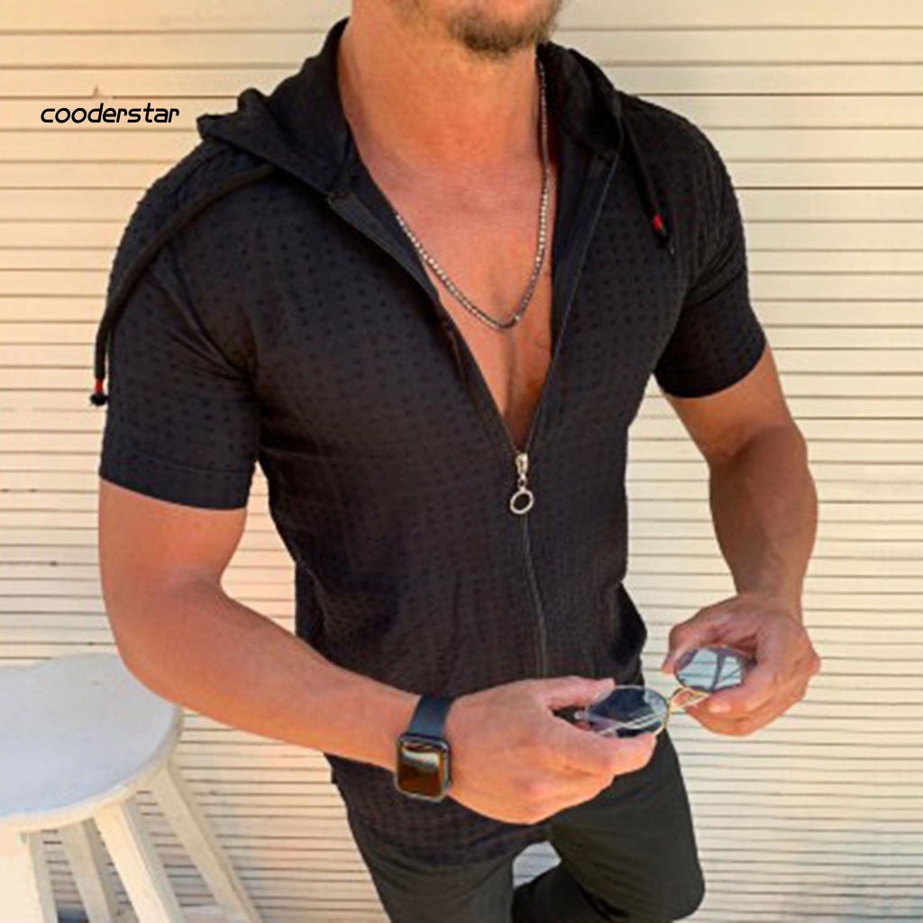 Áo Thun Tay Ngắn Có Nón Phối Khóa Kéo In Họa Tiết Caro Thời Trang Mùa Hè Cho Nam