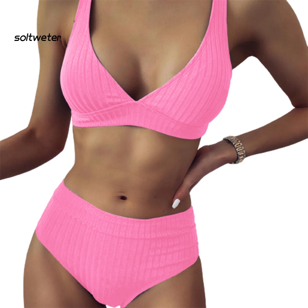 Bộ Đồ Bơi Bikini Hai Mảnh Cổ Chữ V Sâu Màu Trơn Có Gân Và Quần Lót Dành Cho Bạn Nữ Mặc Mùa Hè