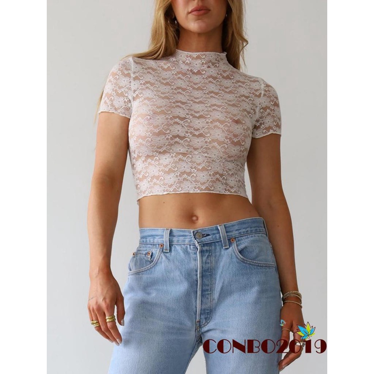 Áo Thun Crop Top Ren Tay Ngắn Cổ Cao Xuyên Thấu Thời Trang Mùa Hè Cho Nữ