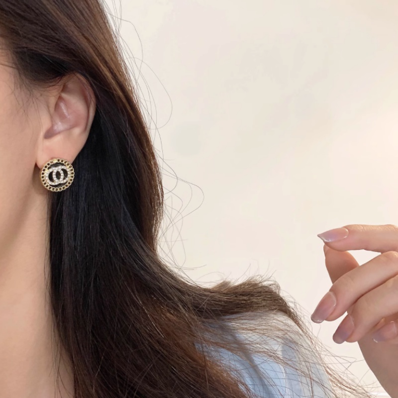 Bông Tai Mạ Bạc 925 Hình Tròn Khắc Chữ Đính Đá Pha Lê Đen Phong Cách Hàn Quốc Thời Trang Cho Nữ