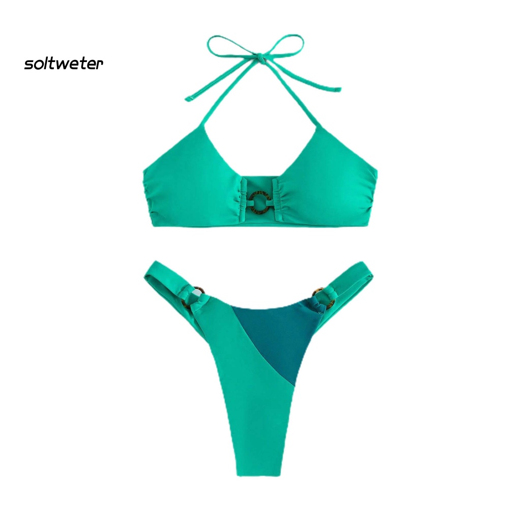 Bộ Đồ Bơi 2 Mảnh Mùa Hè Gồm Áo Cổ Yếm Cạp Cao Hở Lưng Cột Dây Màu Sắc Tương Phản Cho Nữ