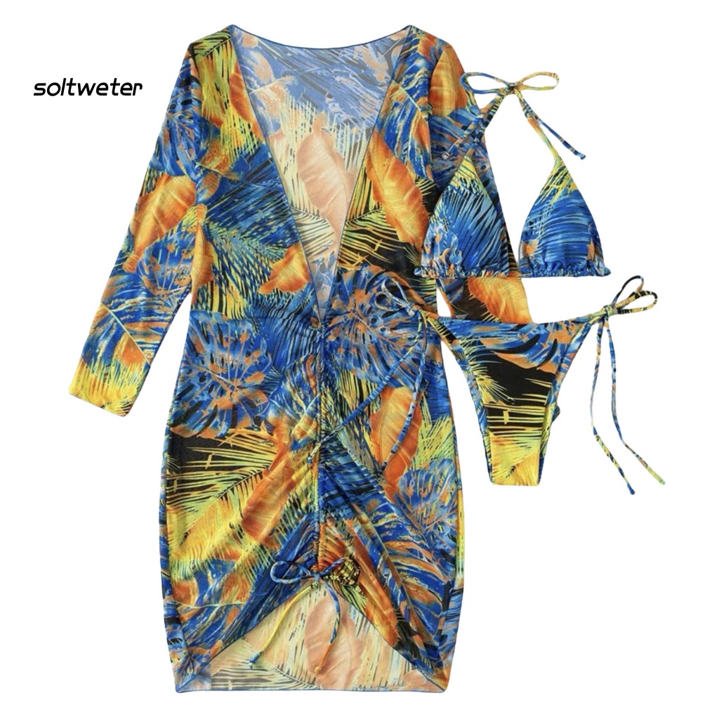 Bộ Đồ Bơi Bikini 3 Mảnh Tay Dài Bằng Polyester In Họa Tiết Thời Trang Kèm Dây Đeo Cho Nữ