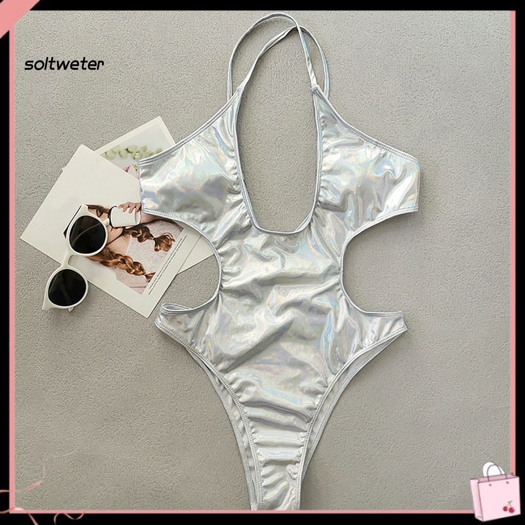 Bộ Bikini Một Mảnh Hở Lưng Cổ Chữ V Màu Bạc Sáng Phong Cách Quyến Rũ Dành Cho Nữ