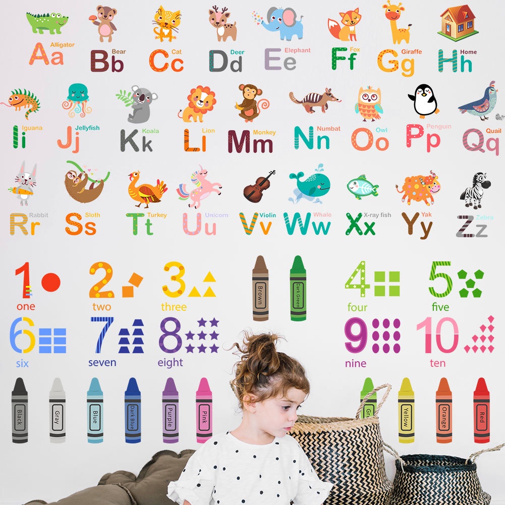 Giấy Dán Tường Tự Dính Họa Tiết Hoạt Hình Động Vật Và Chữ Tiếng Anh Trang Trí Phòng Bé / Nhà Trẻ