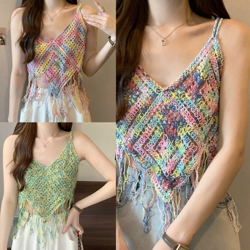 Áo Croptop Hai Dây Dệt Kim Không Tay Cổ Chữ V Thêu Họa Tiết Thời Trang Mùa Hè Dành Cho Nữ