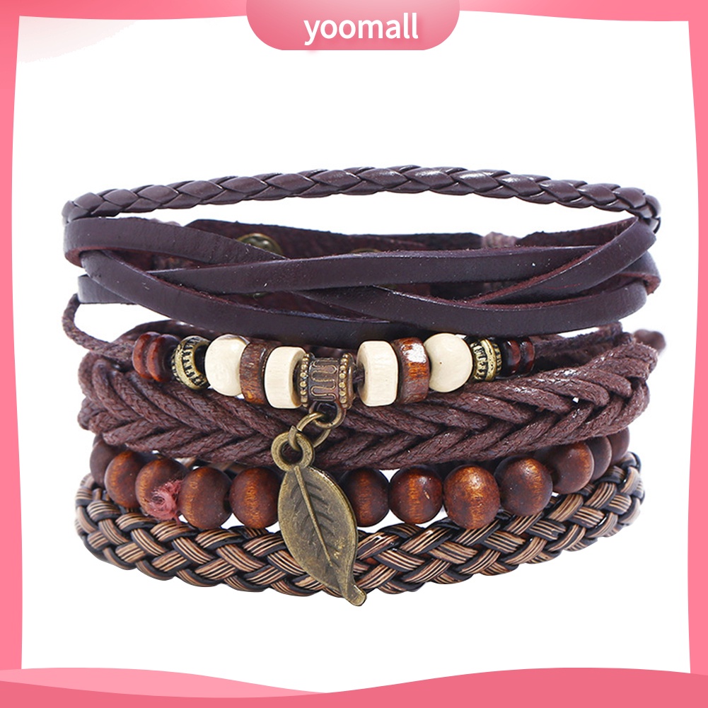 Bộ 4 Vòng Tay Giả Da Nhiều Lớp Họa Tiết Chiếc Lá Thời Trang Cho Nam