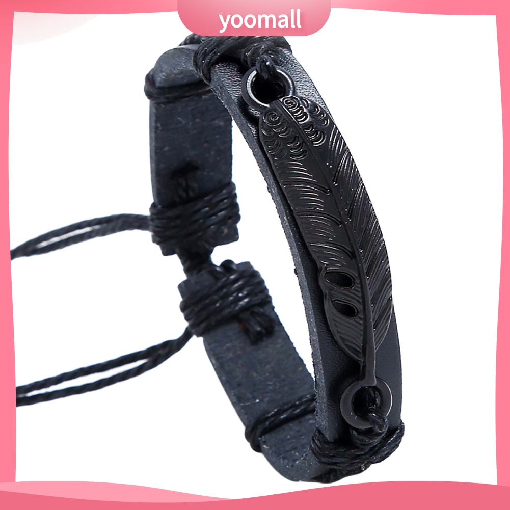 Vòng Tay Giả Da Dây Bện Phối Mặt Hình Lông Vũ Có Thể Điều Chỉnh Kích Cỡ Cho Nam