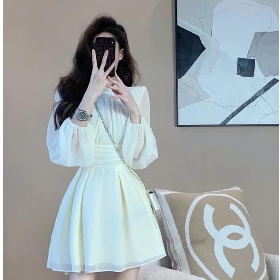 Váy trắng tơ 2 lớp tay dài dáng ngắn bo eo zeni  size S M L XL- Design by KAMI