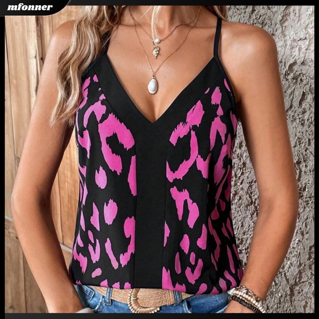 Áo Tank Top Sát Nách Cổ Chữ V Dáng Rộng In Họa Tiết Da Báo Cá Tính Cho Nữ