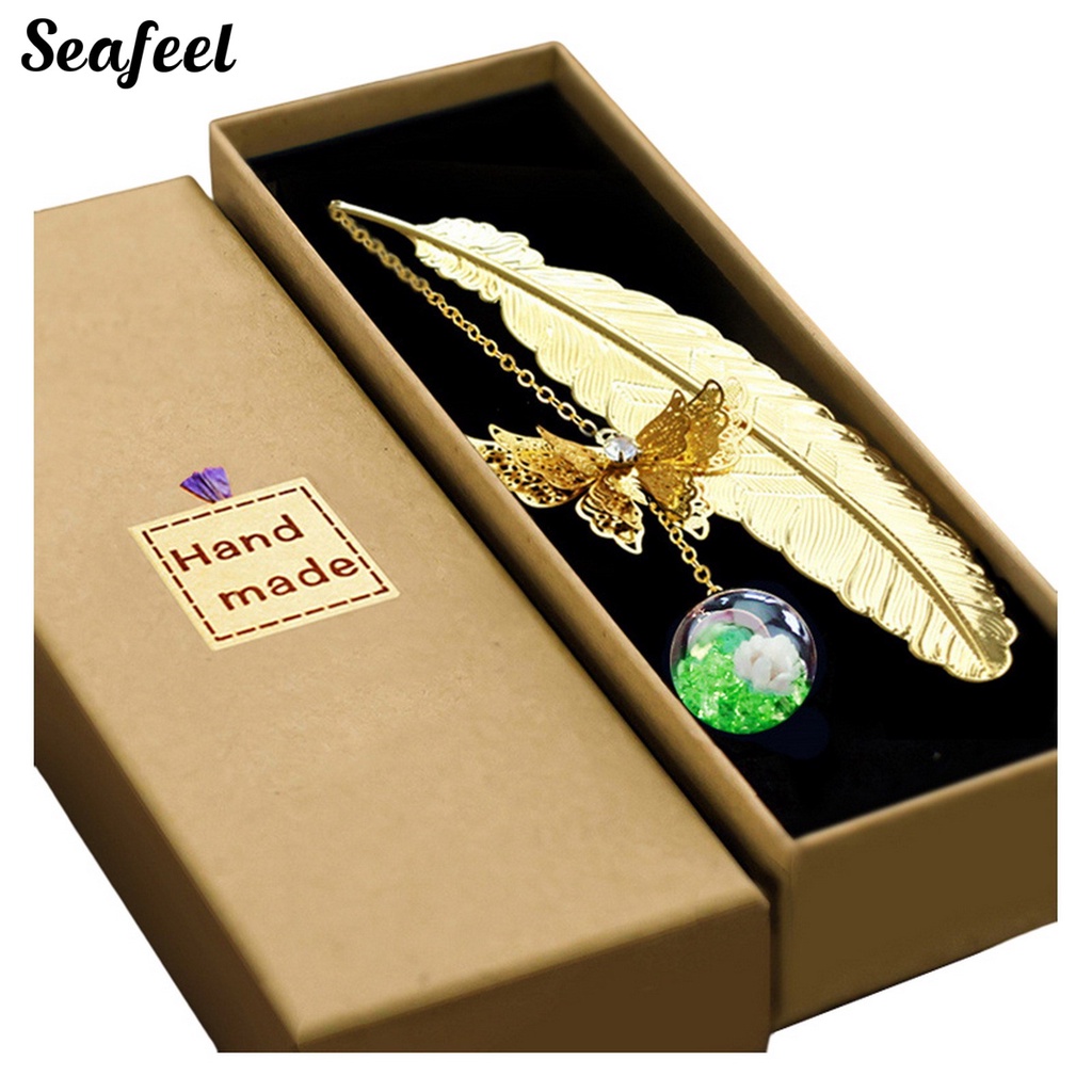 Thẻ Đánh Dấu Trang Sách Bằng Kim Loại Hình Bướm / Lông Vũ Kiểu Vintage Kèm Hộp Quà Tặng