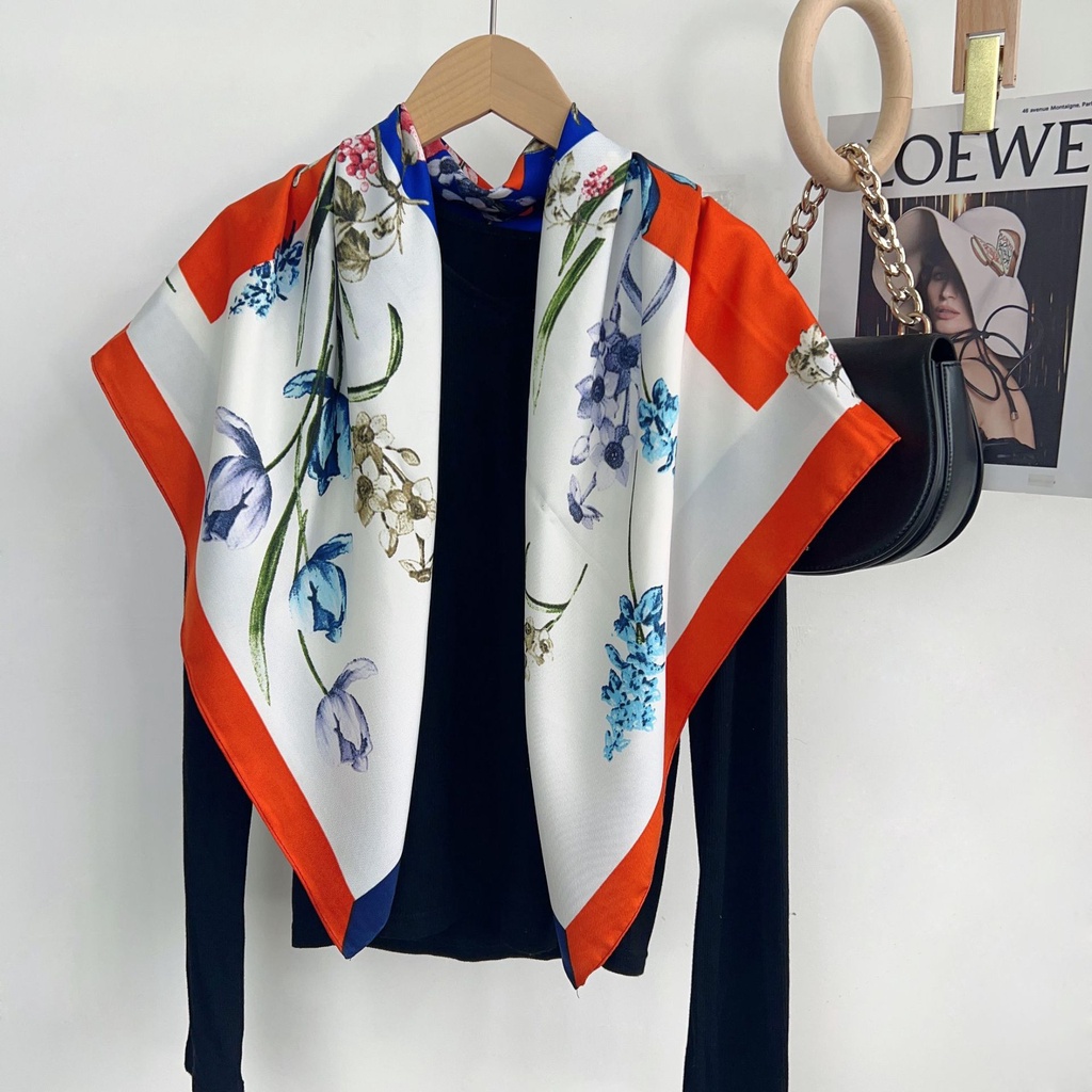 Khăn Quàng Cổ Hình Vuông Cỡ Lớn Bằng Lụa In Họa Tiết Hoa Thời Trang Hàn Quốc 2023